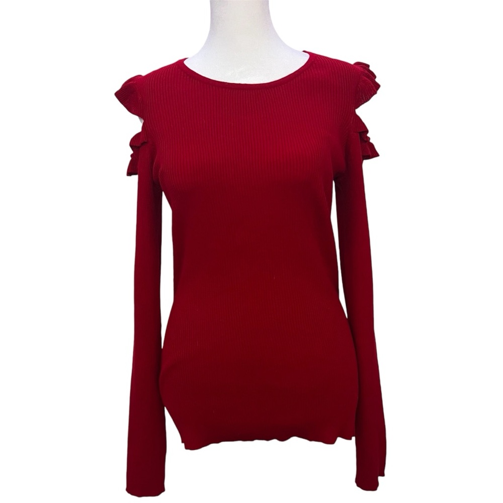 IZ BYER Ribbed Red Ruffled Cold Shoulder Sweater Size‎ Large Holiday NWT